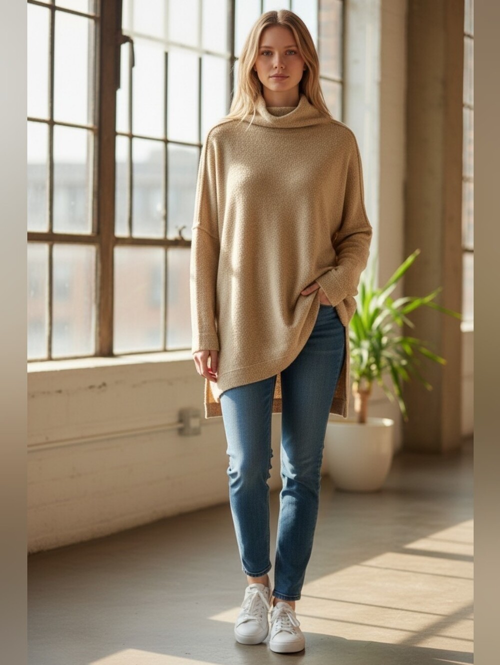 Free People Womens Cozy Oversized Camel Turtleneck Top XS